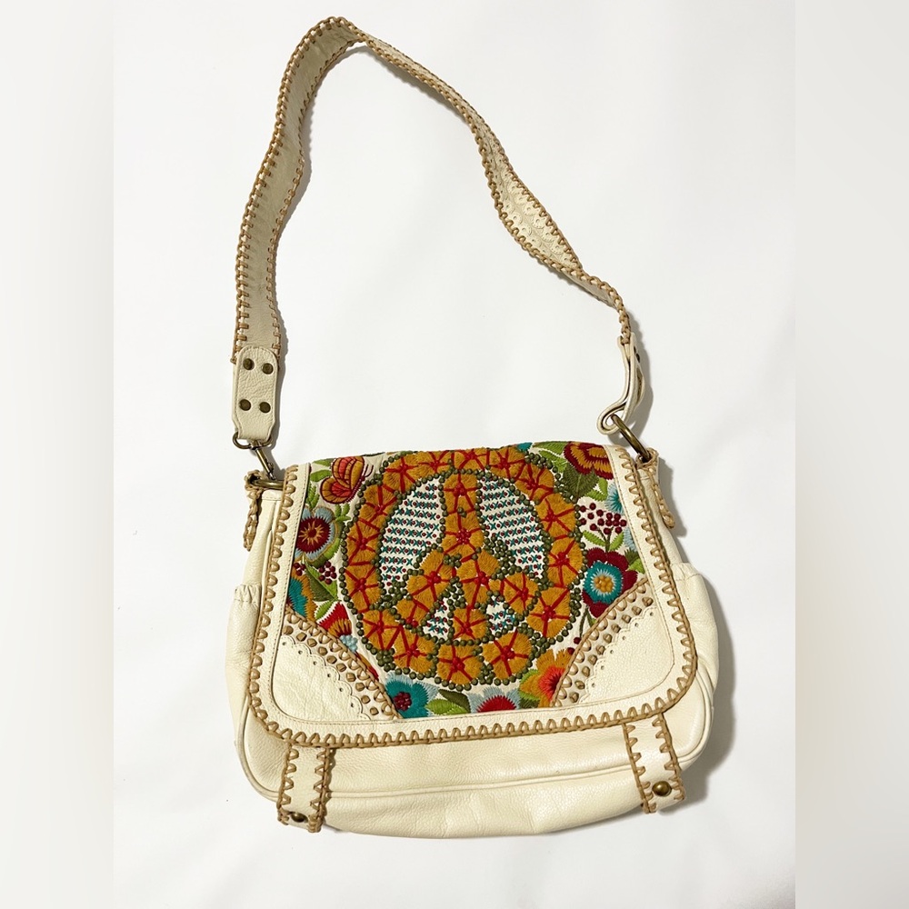 Isabella Fiore Saks Peace Sign Embroidered leather cross body bag